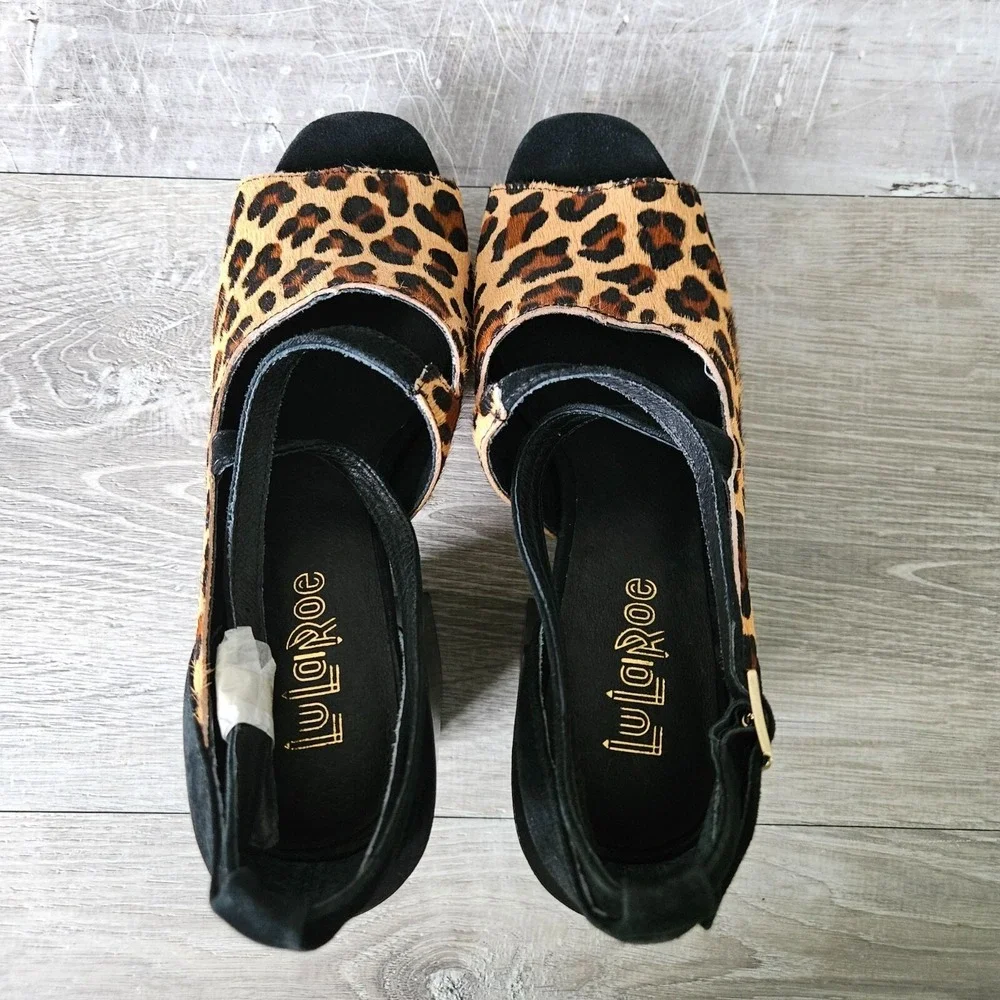 LuLaRoe Leopard Print Sandals Womens 7.5 Block Heel Open Toe Strappy Faux Suede